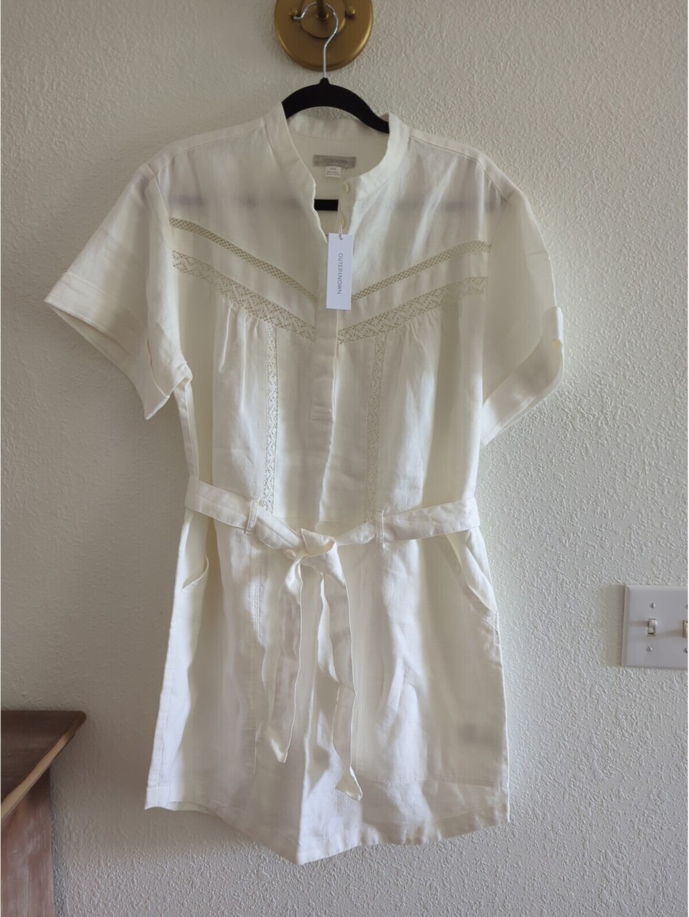 Outerknown Linen Organic Cotton Belted Shirt Dress Lace Detail Ivory M $288